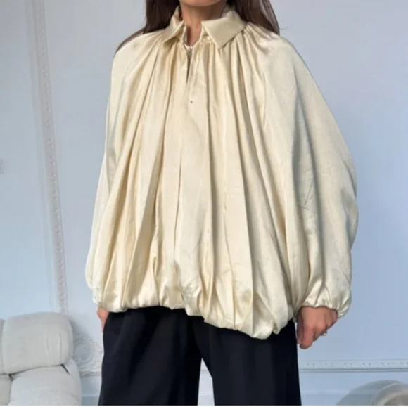 ZARA NWT Satin Bomber Jacket Puffed ZW Collection Cream Size M - Picture 13 of 16